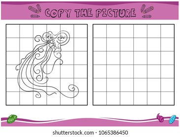 Jellyfish in the water. Copy the picture. Coloring book. Educational game for children. Cartoon vector 