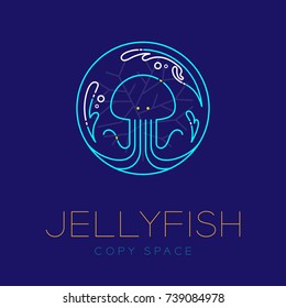 Jellyfish, Water splash, Coral symbol icon outline stroke set dash line design illustration isolated on dark blue background with Jellyfish text and copy space