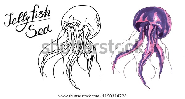 Jellyfish Watercolor Black White Vector Illustration Stock Vector Royalty Free
