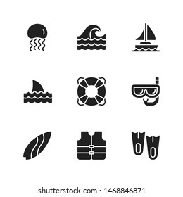 Jellyfish, Wave, Boat, Shark, Life Tube, Diving Mask, Surf Board, Life Jacket, Flipper Icon, Summer Travel Beach Holiday Glyph Icon Set Vector