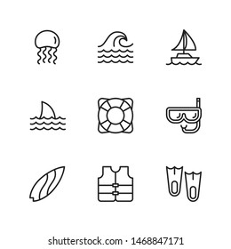 Jellyfish, Wave, Boat, Shark, Life Tube, Diving Mask, Surf Board, Life Jacket, Flipper Icon, Summer Travel Beach Holiday Line Icon Set Vector