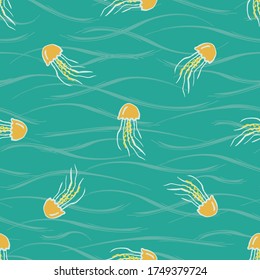 Jellyfish in the weaves underwater seamless vector pattern background for fabric, wallpaper, scrapbooking projects or backgrounds. Surface pattern design.