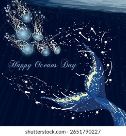 Água-viva e cauda de baleia no oceano. Cartão-postal. Desenho vetorial. Dia Mundial da Baleia. Dia dos Oceanos