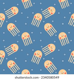 Jellyfish yellow cartoon so cute. On bubbles blue background. Pattern seamless vector illustration.
