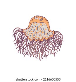 Jellyfish yellow. Vector wild ocean animal underwater life doodle line isolated illustration.