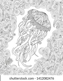 Jellyfish in zentangle inspired style on white background. Coloring book for adult and older children. Square composition. Art vector stylized illustration.