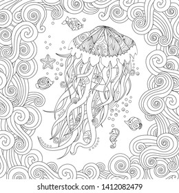 Jellyfish in zentangle inspired style on white background. Coloring book for adult and older children. Square composition. Art vector stylized illustration.