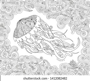 Jellyfish in zentangle inspired style on white background. Coloring book for adult and older children. Square composition. Art vector stylized illustration.