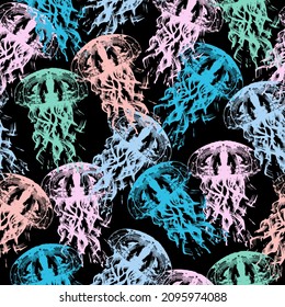 Jellyfishes art illustration underwater black and neon  Sea collection.