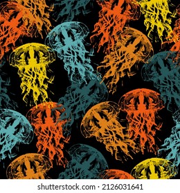 Jellyfishes art illustration underwater black and neon  Sea collection.