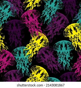Jellyfishes art illustration underwater black and neon  Sea collection.