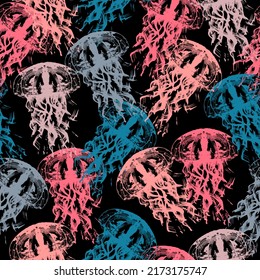 Jellyfishes art illustration underwater black and neon  Sea collection.