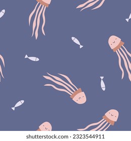 Jellyfishes and fishes, seamless pattern. Endless marine background, cute sea medusa character floating in ocean water. Kids underwater print in Scandinavian style. Childish flat vector illustration