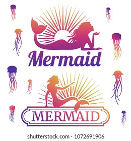 Jellyfishes and mermaid colored silhouettes. Underwater life labels. Vector illustration