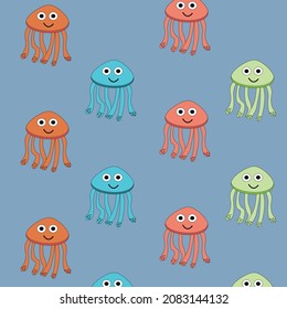 Jellyfishes pattern on a colorful background. Cute animals