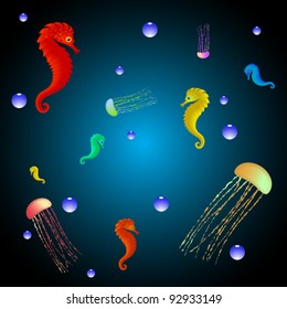 jellyfishes and seahorses over bubbling water, abstract vector art illustration; image contains transparency