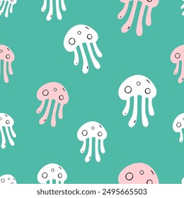 Jellyfishes seamless pattern flat vector. Cute cartoon style sea and ocean creature, animal. Symmetrical square composition, for print design, wallpaper, wrapping paper or web.