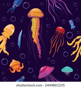 Jellyfishes seamless pattern. Underwater plankton and air bubbles. Repeated print. Luminous transparent inhabitants. Marine animals. Undersea invertebrate creatures