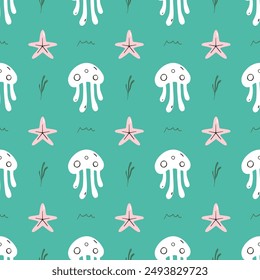 Jellyfishes and starfish seamless pattern flat vector. Cute cartoon style sea and ocean creature, animal. Symmetrical square composition, for print design, wallpaper, wrapping paper or web.