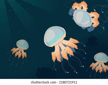 jellyfishes underwater dark, vector style