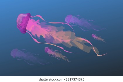 Jellyfishes underwater. Illustration on blue gradient background, banner design