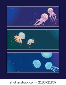 jellyfishes underwater life, horizontal banners
