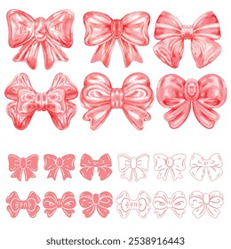 Jelly-like bows painted in watercolor, symbols and line art.