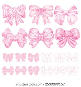 Jelly-like bows painted in watercolor, symbols and line art.