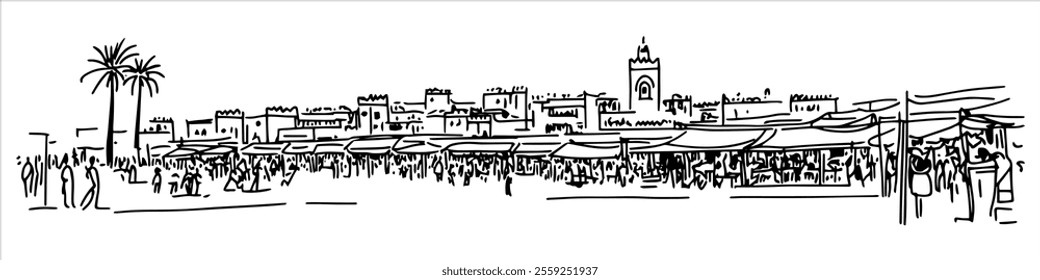 Jemaa el-Fna square in Marrakesh city ​​panorama hand drawing doodle hatching vector sketch