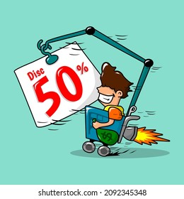 JEMBER, INDONESIA - DECEMBER 17, 2021, Vector cartoon of enthusiastic people chasing discounts, until the person climbs the basket using a turbo, drawing and editing process in Jember, Indonesia 