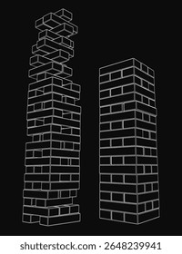 Um jogo Jenga com duas torres feitas de blocos retangulares empilhados, ilustradas em linhas brancas sobre um fundo preto. A arte vetorial minimalista apresenta formas geométricas limpas e um alto contraste.