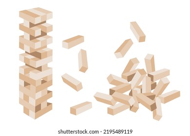 Jenga game. Wooden cubes block puzzle. Brick element tower and collapsed pile. Sketch vector 3d illustration