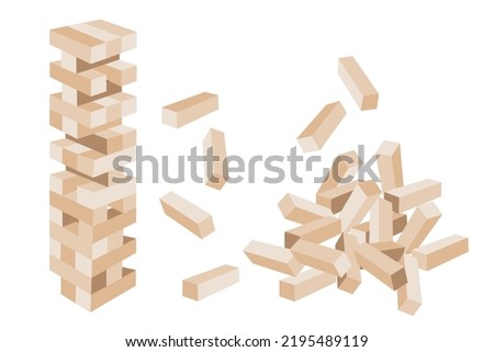 Jenga game. Wooden cubes block puzzle. Brick element tower and collapsed pile. Sketch vector 3d illustration