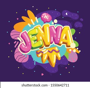 Jenna girls name inscription. vector kids color illustration graffiti style