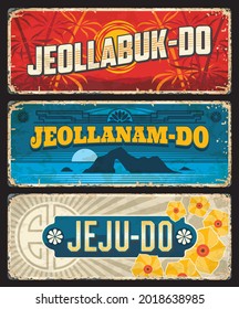 Jeollabuk-do, Jeollanam-do and Jeju Korean provinces tin signs. South Korea regions vintage plates, provinces grunge sins with bamboo stems, seacoast sunset landscape and hibiscus flowers symbols