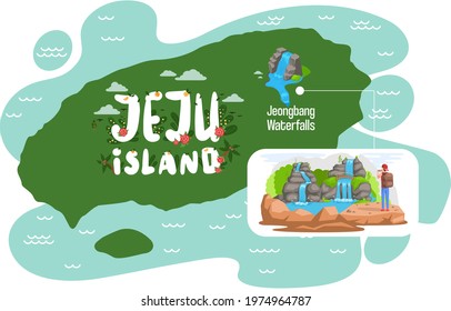 Jeongbang Waterfalls famous landmark of Jeju Island in south Korea. Popular place for visiting, male traveler taking pictures of waterfall, jeju green tropical island map. Traditional showplace