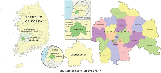 Jeongeup-si (Jeongeup) location on Jeollabuk-do (North Jeolla Province) and Republic of Korea (South Korea) map. Colored. Vectored