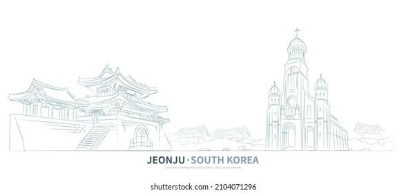 Vector de dibujo de la línea Jeonju cityscape. ilustración histórica de estilo de esbozo 