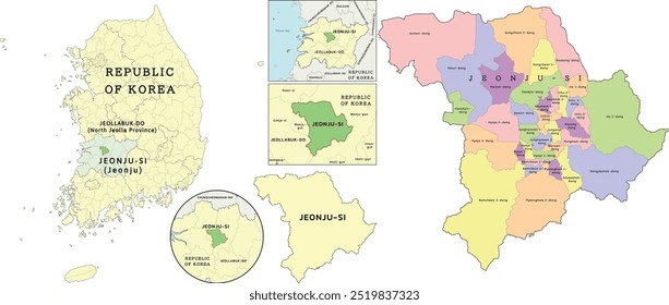 Jeonju-si (Jeonju) location on Jeollabuk-do (North Jeolla Province) and Republic of Korea (South Korea) map. Colored. Vectored