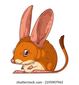 Ein Jerboa, einzelne Vektorgrafik. Ein süßes Cartoon-Bild eines ängstlichen Jerboa. Ein Tieraufkleber. Einfache Zeichnung einer Nagetier auf weißem Hintergrund. Eine schüchterne Wüstenmaus, die etwas anstarstarrt