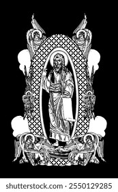 Jeremiah weeping prophet. Illustration with angels and seraphim in heaven black and white in Byzantine style