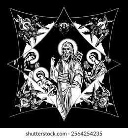 Jeremiah weeping prophet on cross dome with 4 apostles, angels and seraphim. Ink illustration black and white in Byzantine style isolated