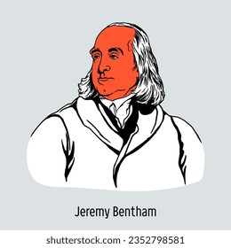 Jeremy Bentham was an English moral philosopher and jurist, the founder of utilitarianism. Hand-drawn vector illustration