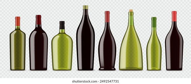 Jeroboam y tamaño magnum botellas de vino realistas maqueta. Vector 3d botellas de vidrio negro y verde con vino blanco y tinto bebida alcohólica. Formatos Grandes realistas de envases de bebidas de frutas de uva