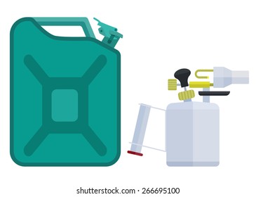 Jerrican and blowtorch. Eps10 vector illustration. Isolated on white background