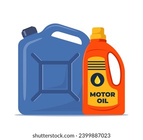 Jerrycan. Canister for petrol, gasoline and engine oil. Car motor oil in plastic canister. Engine liquid bottle. Vector illustration