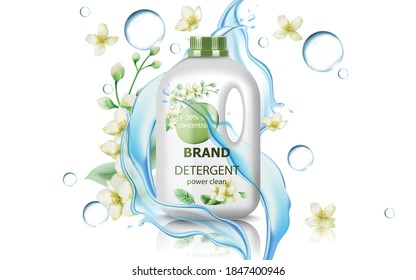 Jerrycan with detergent surrounded by flowers, bubbles and flowing water. Concentrated clean power. Realistic 3D mockup product placement. Vector