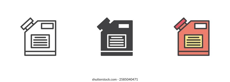Jerrycan different style icon set. Line, glyph and filled outline colorful version, outline and filled vector sign. Symbol, logo illustration. Vector graphics