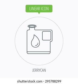 Jerrycan icon. Petrol fuel can with drop sign. Linear outline circle button. Vector