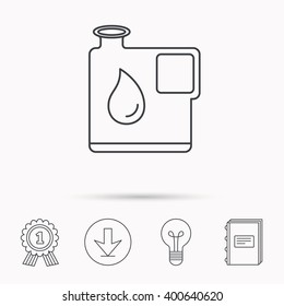 Jerrycan icon. Petrol fuel can with drop sign. Download arrow, lamp, learn book and award medal icons.